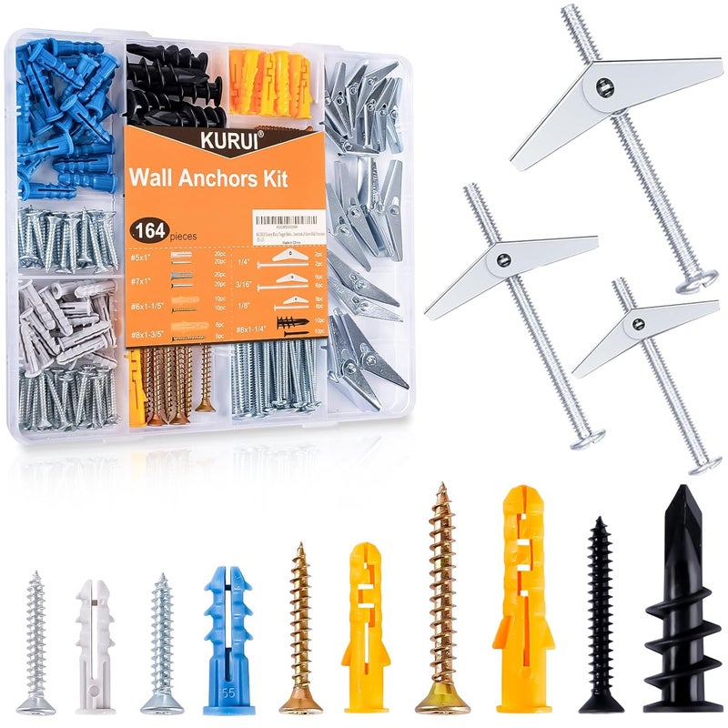 KURUI Drywall Anchors Assortment Kit With Self Drilling Wall Anchors and Heavy Duty Toggle Bolts, Metal/Plastic Dry Wall Anchors for Hanging Picture Art, 164Pcs Butterfly Anchor and Screws for Ceiling - Image 1